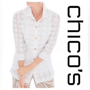 CHICOS TRAVELERS White Grid-Texture Checkered Button-Down Shirt  2P NWOT